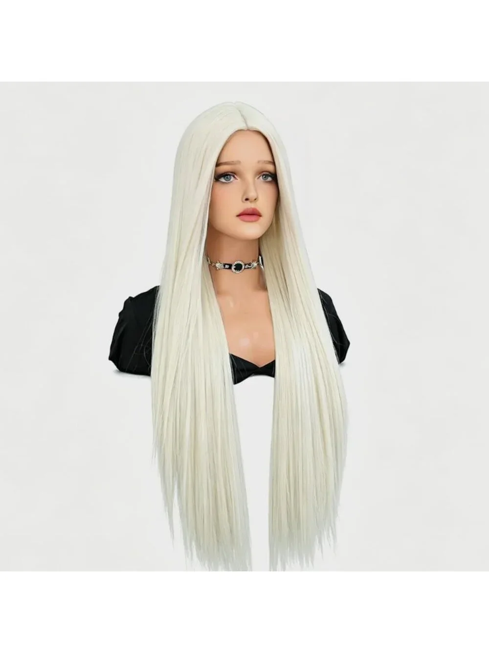 Women's Light White Gold Heat Resistant Synthetic Fiber Long Straight Wigs Bangs